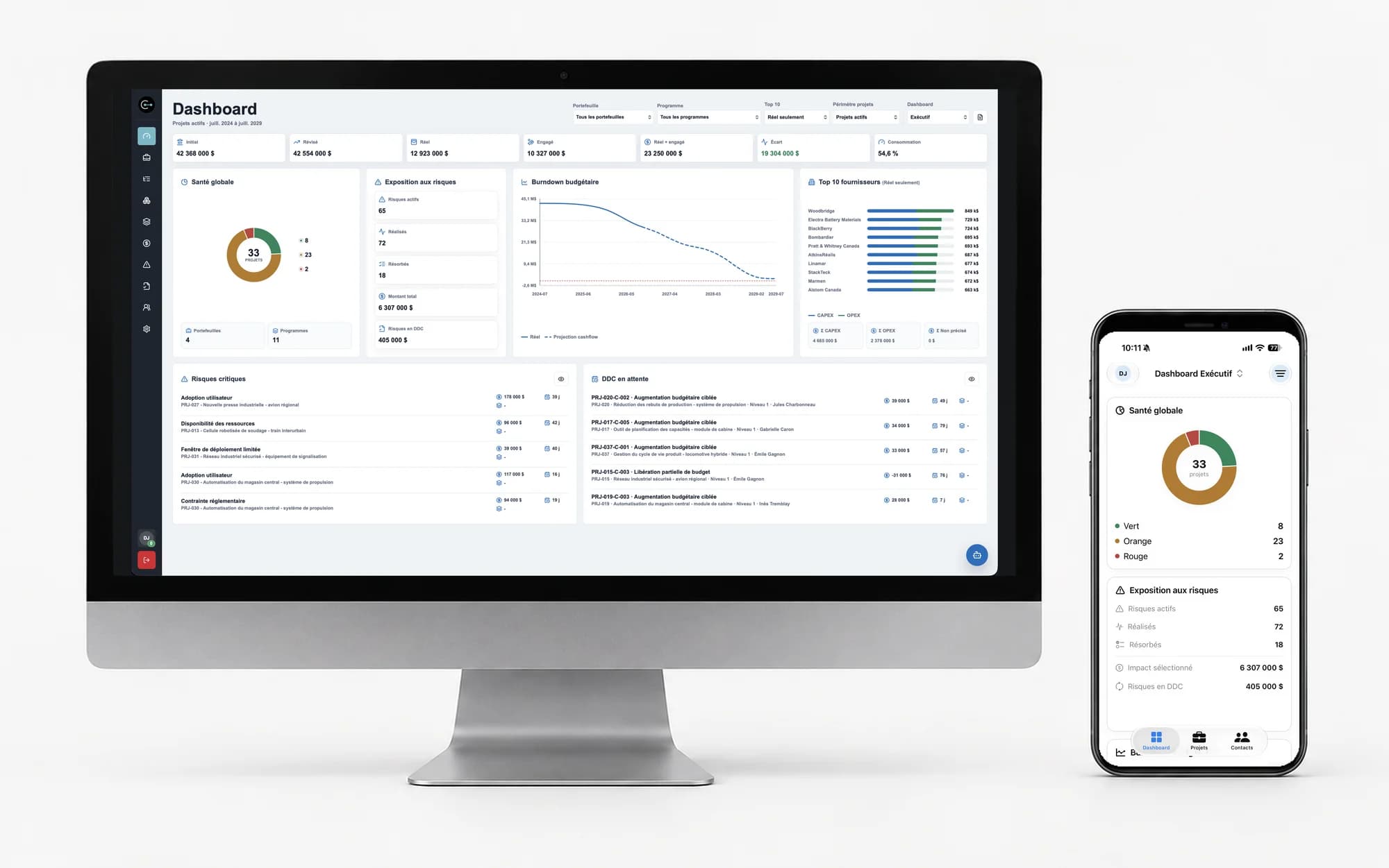 Nexus executive dashboard on desktop and iPhone showing project health, budgets, risks and changes.