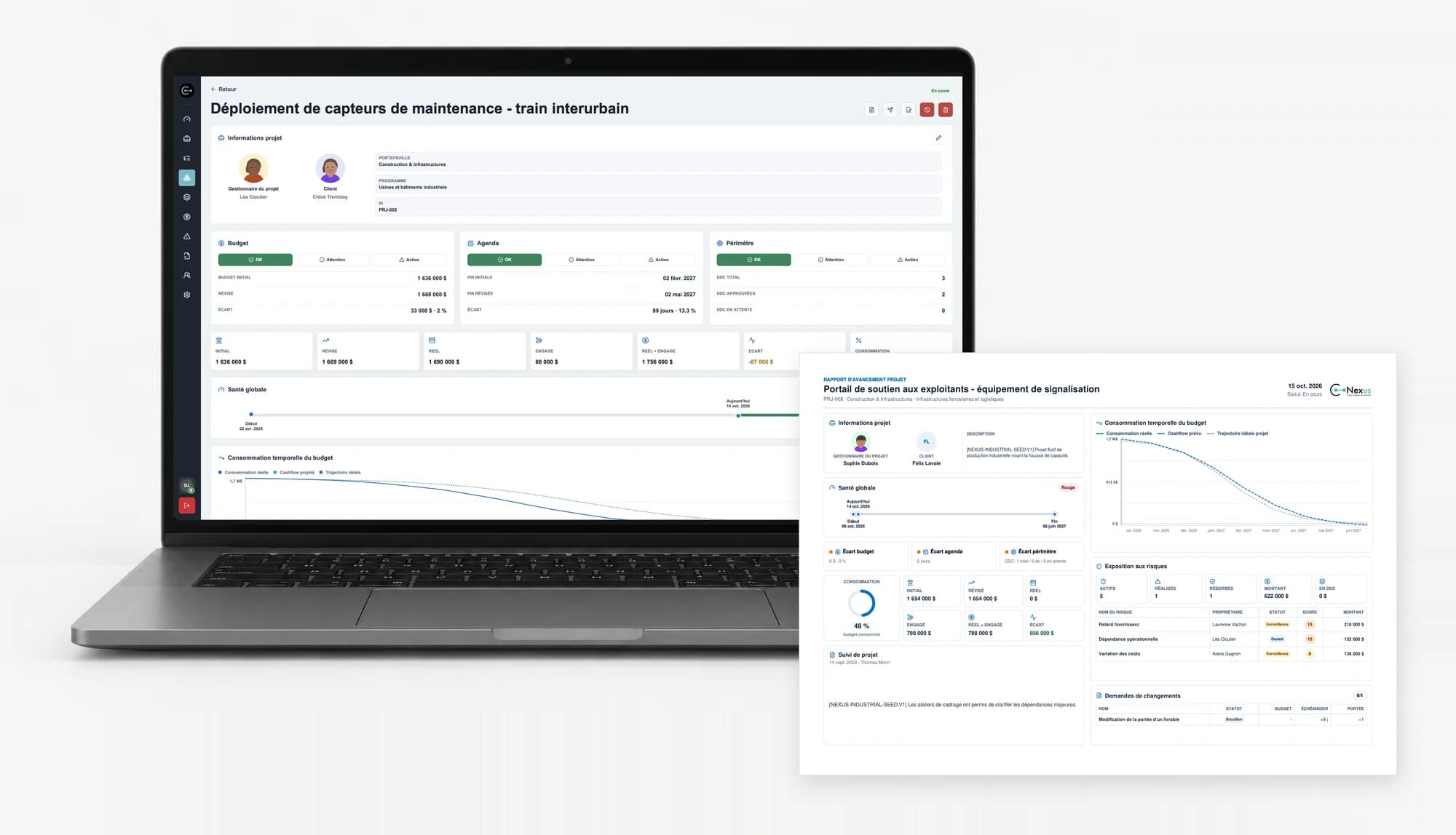 Nexus project view and PDF progress report presenting indicators, risks and change requests.