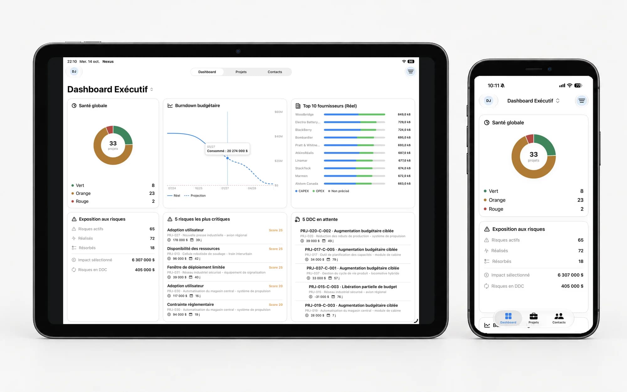 Nexus app on iPad and iPhone displaying executive dashboards and project indicators.